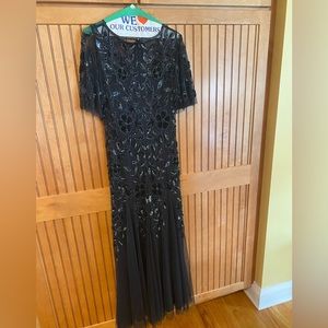 Adrianna Papell HAND BEADED SHORT SLEEVE FLORAL GODET GOWN in Twilight